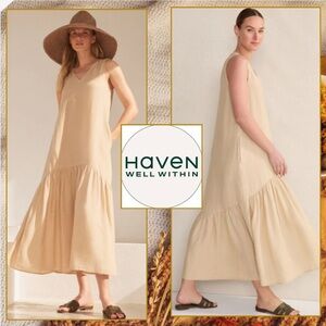 Haven Well Within,Luxury Linen,V-Neck Tiered,Midi Dress,POCKETS,Perfect,Size S